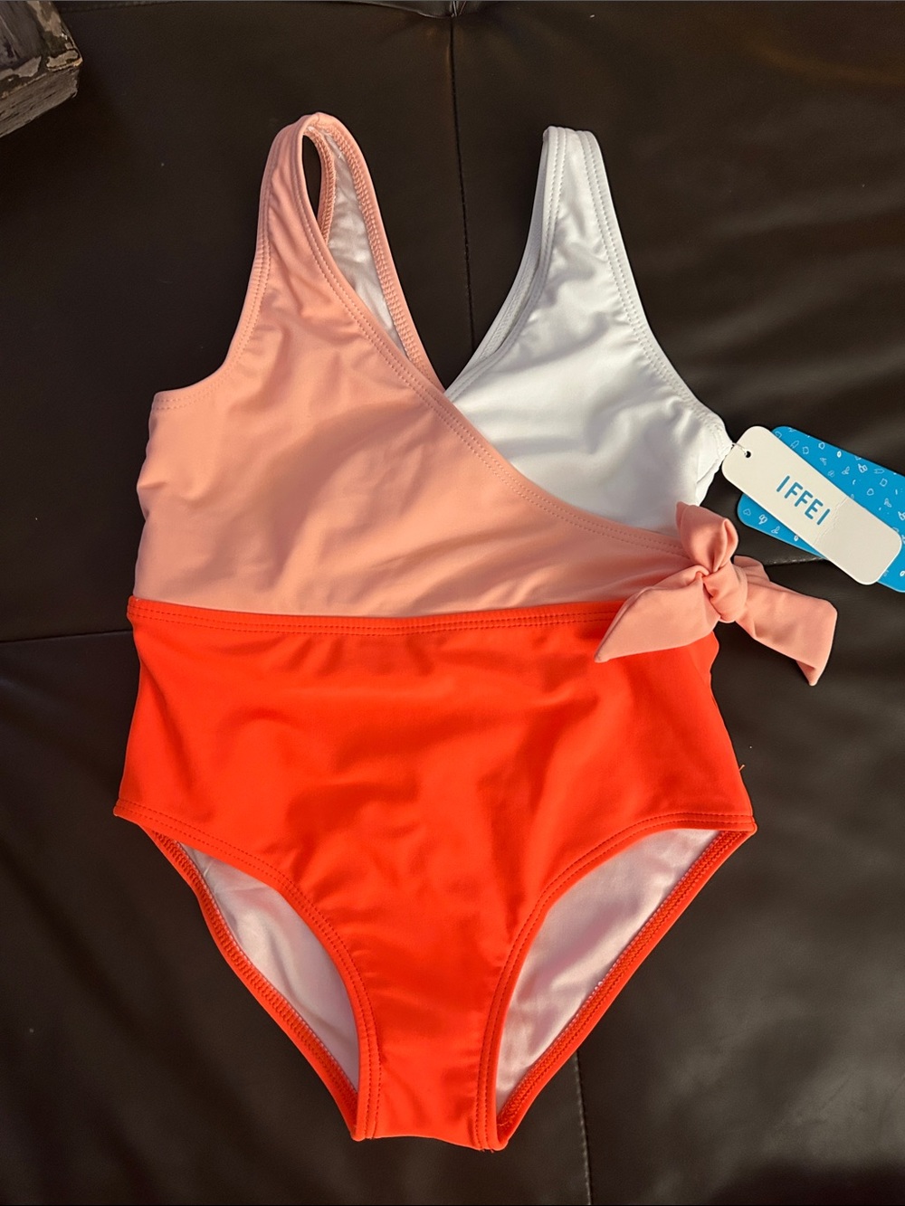 Colorblock Pink, White & Orange Girls' One-Piece Swimsuit with Side Bow NEW 4-5